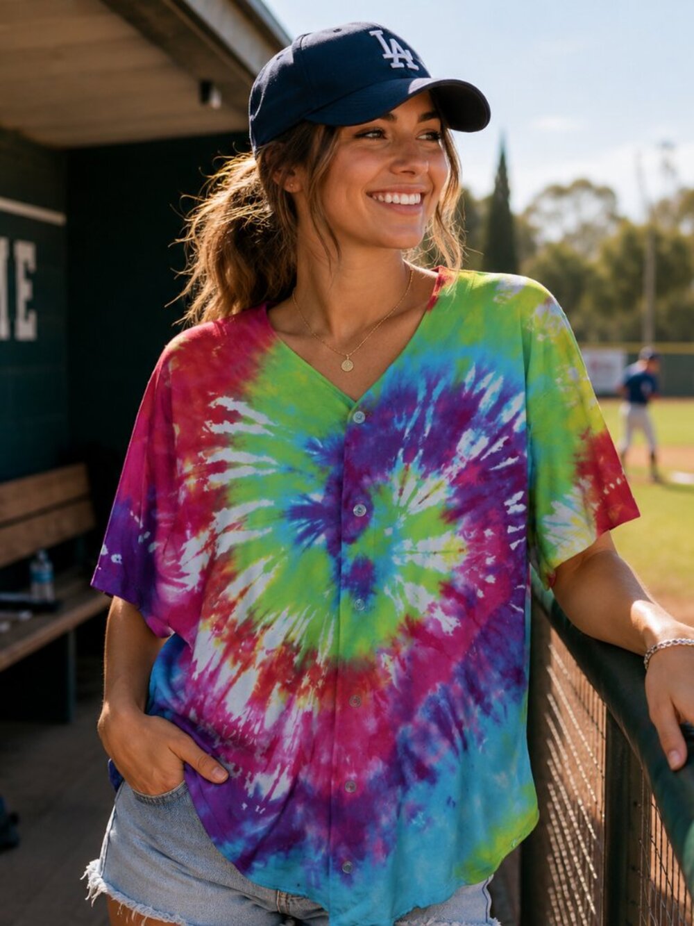 Rainbow Spiral Tie-dye Pattern Summer Vacation Beachy Button Down Baseball Top